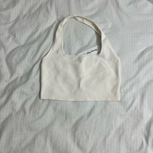 Cream Ribbed Halter Crop Top